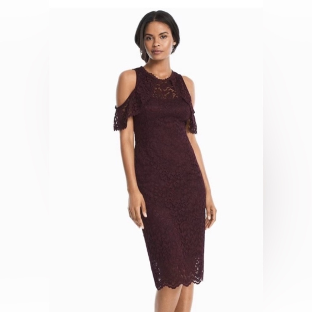 WHBM Maroon Lace Sheath, Cold Shoulder Dress